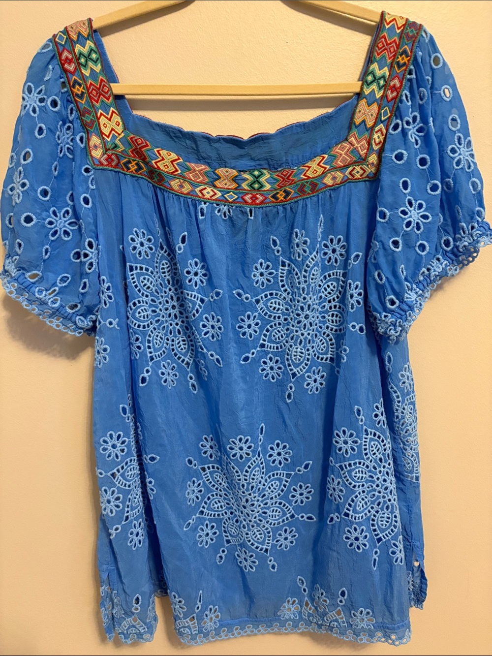 Johnny Was Bright Blue Embroidered Peasant Tunic with Multicolor Trim